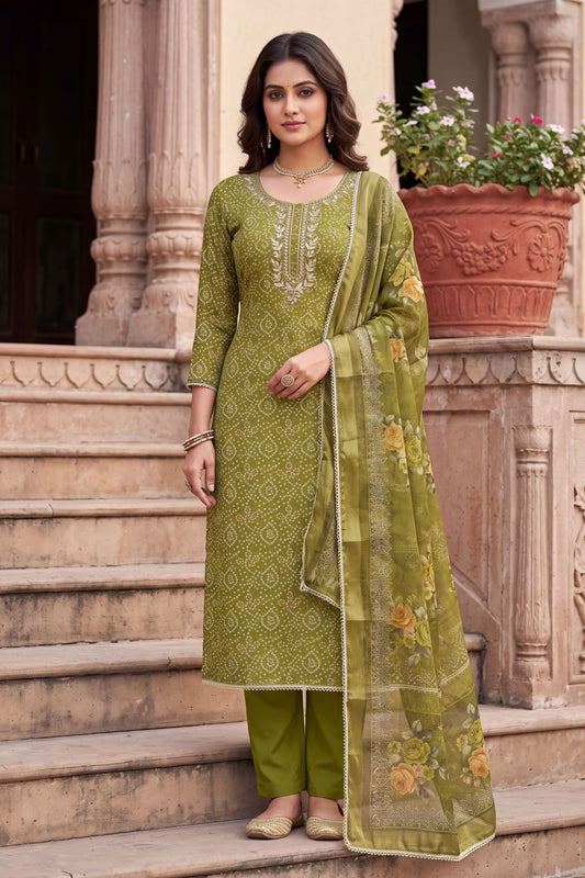 Striking Olive Green Shimmer Cotton Linen Printed Salwar Suit with Embroidery Work Dupatta for Women