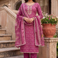 Beautiful Rani Pink Shimmer Cotton Linen Printed Salwar Suit with Embroidery Work Dupatta for Women