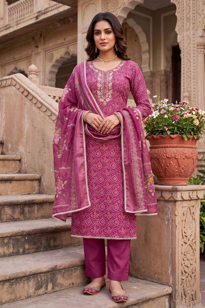 Beautiful Rani Pink Shimmer Cotton Linen Printed Salwar Suit with Embroidery Work Dupatta for Women