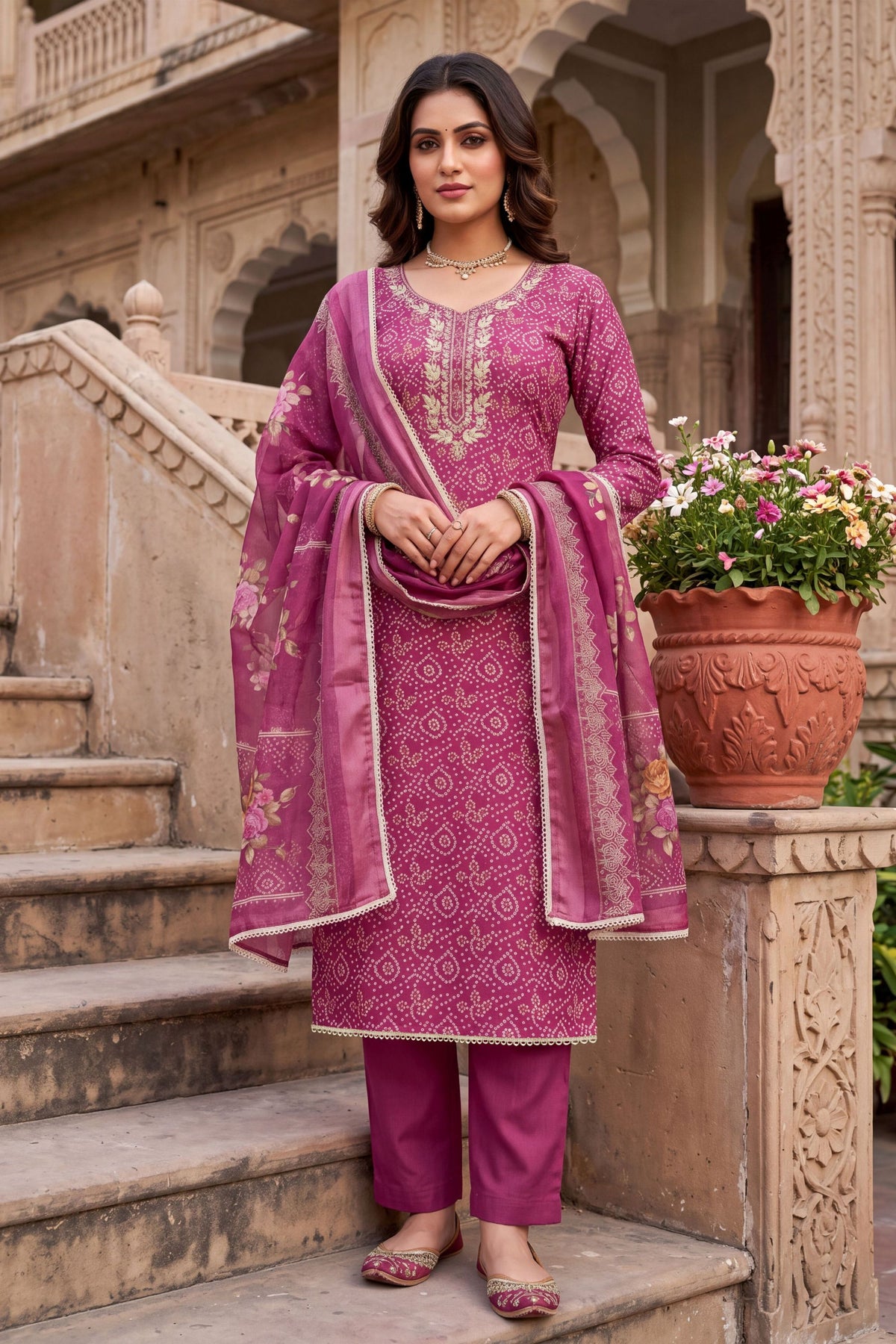 Beautiful Rani Pink Shimmer Cotton Linen Printed Salwar Suit with Embroidery Work Dupatta for Women