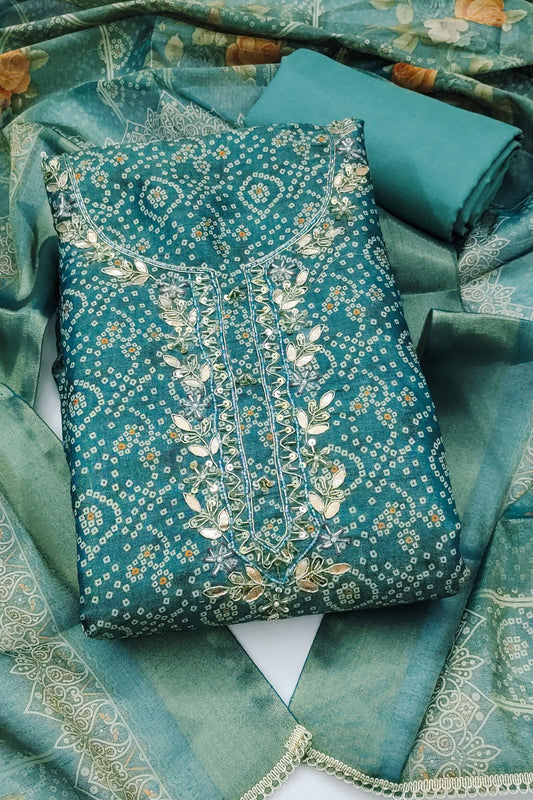 Exquisite Teal Blue Shimmer Cotton Linen Printed Salwar Suit with Embroidery Work Dupatta for Women