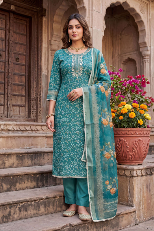 Exquisite Teal Blue Shimmer Cotton Linen Printed Salwar Suit with Embroidery Work Dupatta for Women