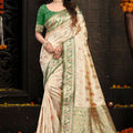 Elegant Cream Silk Woven Designer Saree with Green Zari Border for Women