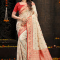 Exquisite Cream Silk Woven Designer Saree with Red Zari Border for Women