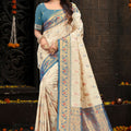 Sophisticated Cream Silk Woven Designer Saree with Royal Blue Zari Border for Women