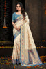 Sophisticated Cream Silk Woven Designer Saree with Royal Blue Zari Border for Women