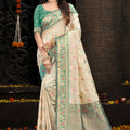 Stylish Cream Silk Woven Designer Saree with Sea Green Zari Border for Women