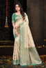 Stylish Cream Silk Woven Designer Saree with Sea Green Zari Border for Women