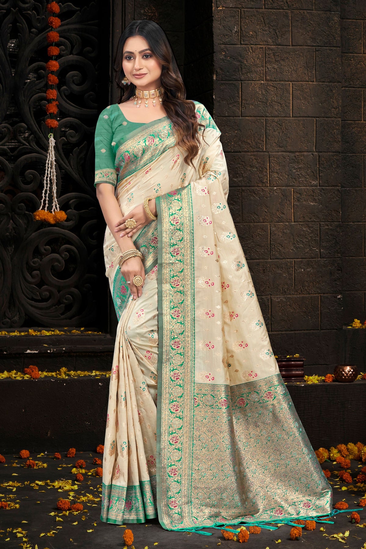 Stylish Cream Silk Woven Designer Saree with Sea Green Zari Border for Women