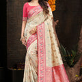 Charming Cream Silk Woven Designer Saree with Rani Pink Zari Border for Women