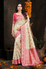 Charming Cream Silk Woven Designer Saree with Rani Pink Zari Border for Women