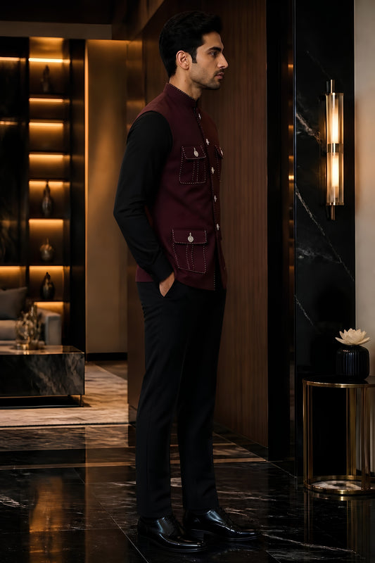 Regal Maroon Lachka Silk Designer Nehru Jacket for Men with Chawal-Taka Work