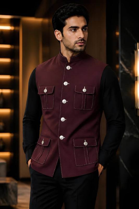 Regal Maroon Lachka Silk Designer Nehru Jacket for Men with Chawal-Taka Work