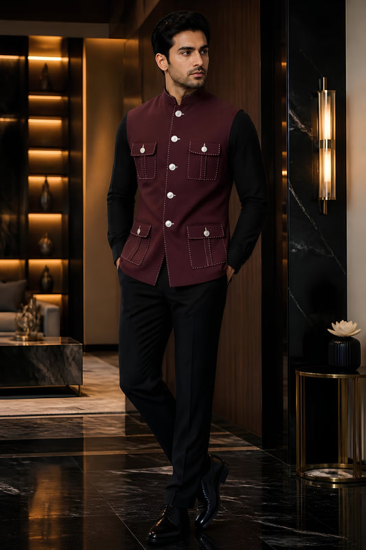 Regal Maroon Lachka Silk Designer Nehru Jacket for Men with Chawal-Taka Work