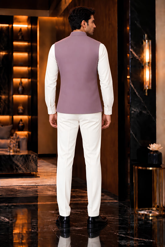 Stylish Mauve Lachka Silk Designer Nehru Jacket for Men with Chawal-Taka Work