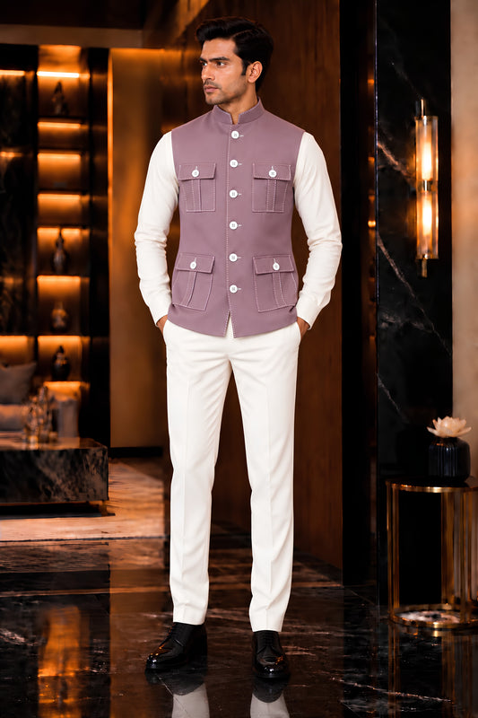 Stylish Mauve Lachka Silk Designer Nehru Jacket for Men with Chawal-Taka Work