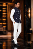 Classic Navy Blue Lachka Silk Designer Nehru Jacket for Men with Chawal-Taka Work
