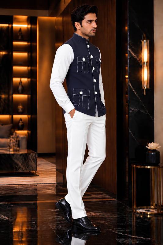 Classic Navy Blue Lachka Silk Designer Nehru Jacket for Men with Chawal-Taka Work