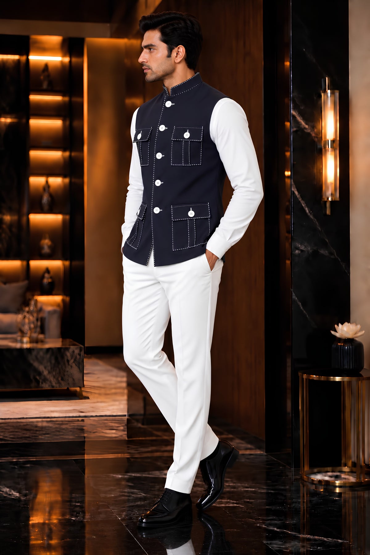 Classic Navy Blue Lachka Silk Designer Nehru Jacket for Men with Chawal-Taka Work