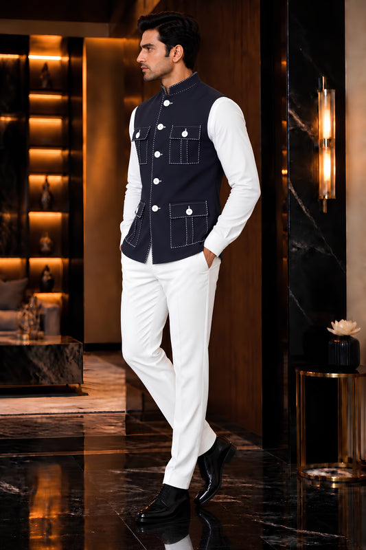 Classic Navy Blue Lachka Silk Designer Nehru Jacket for Men with Chawal-Taka Work