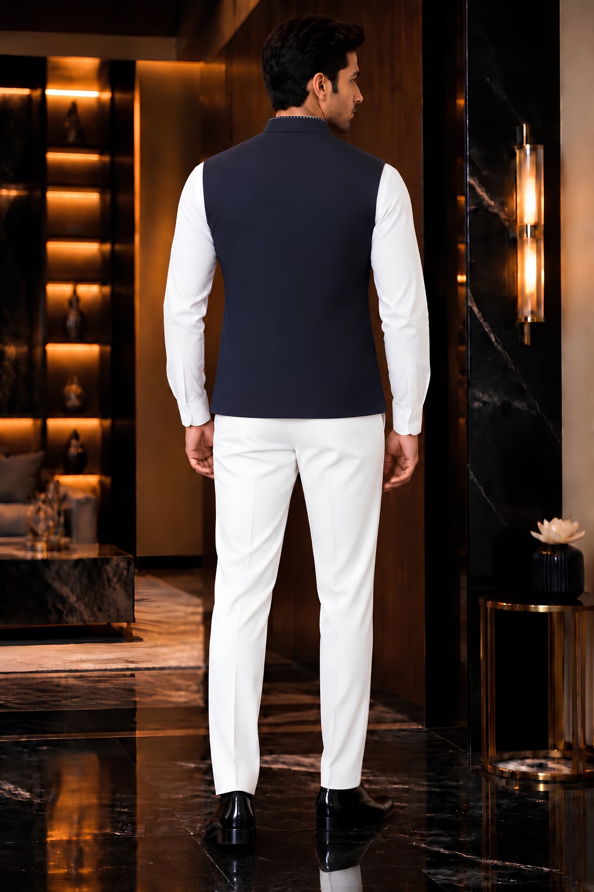 Classic Navy Blue Lachka Silk Designer Nehru Jacket for Men with Chawal-Taka Work