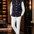 Classic Navy Blue Lachka Silk Designer Nehru Jacket for Men with Chawal-Taka Work