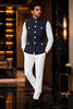Classic Navy Blue Lachka Silk Designer Nehru Jacket for Men with Chawal-Taka Work