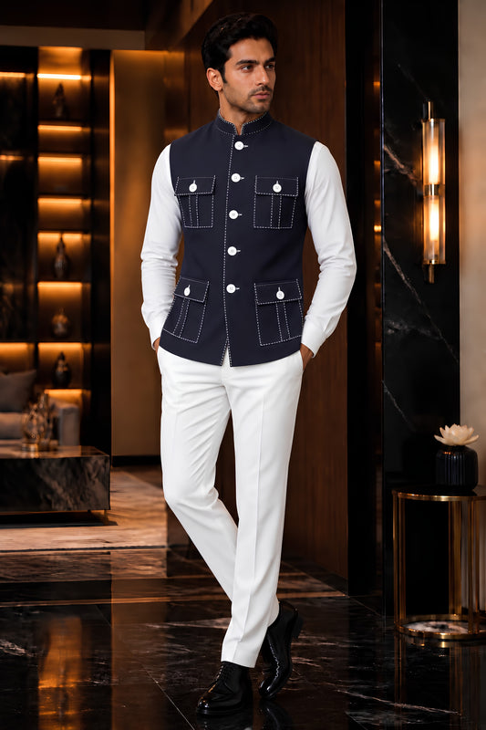 Classic Navy Blue Lachka Silk Designer Nehru Jacket for Men with Chawal-Taka Work