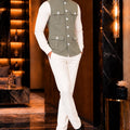 Sophisticated Olive Green Lachka Silk Designer Nehru Jacket for Men with Chawal-Taka Work