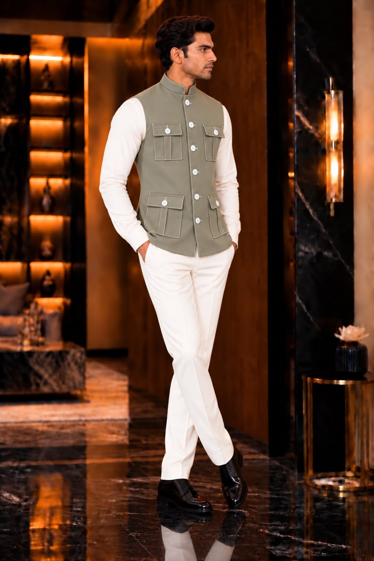 Sophisticated Olive Green Lachka Silk Designer Nehru Jacket for Men with Chawal-Taka Work