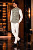 Sophisticated Olive Green Lachka Silk Designer Nehru Jacket for Men with Chawal-Taka Work