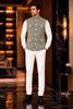 Sophisticated Olive Green Lachka Silk Designer Nehru Jacket for Men with Chawal-Taka Work