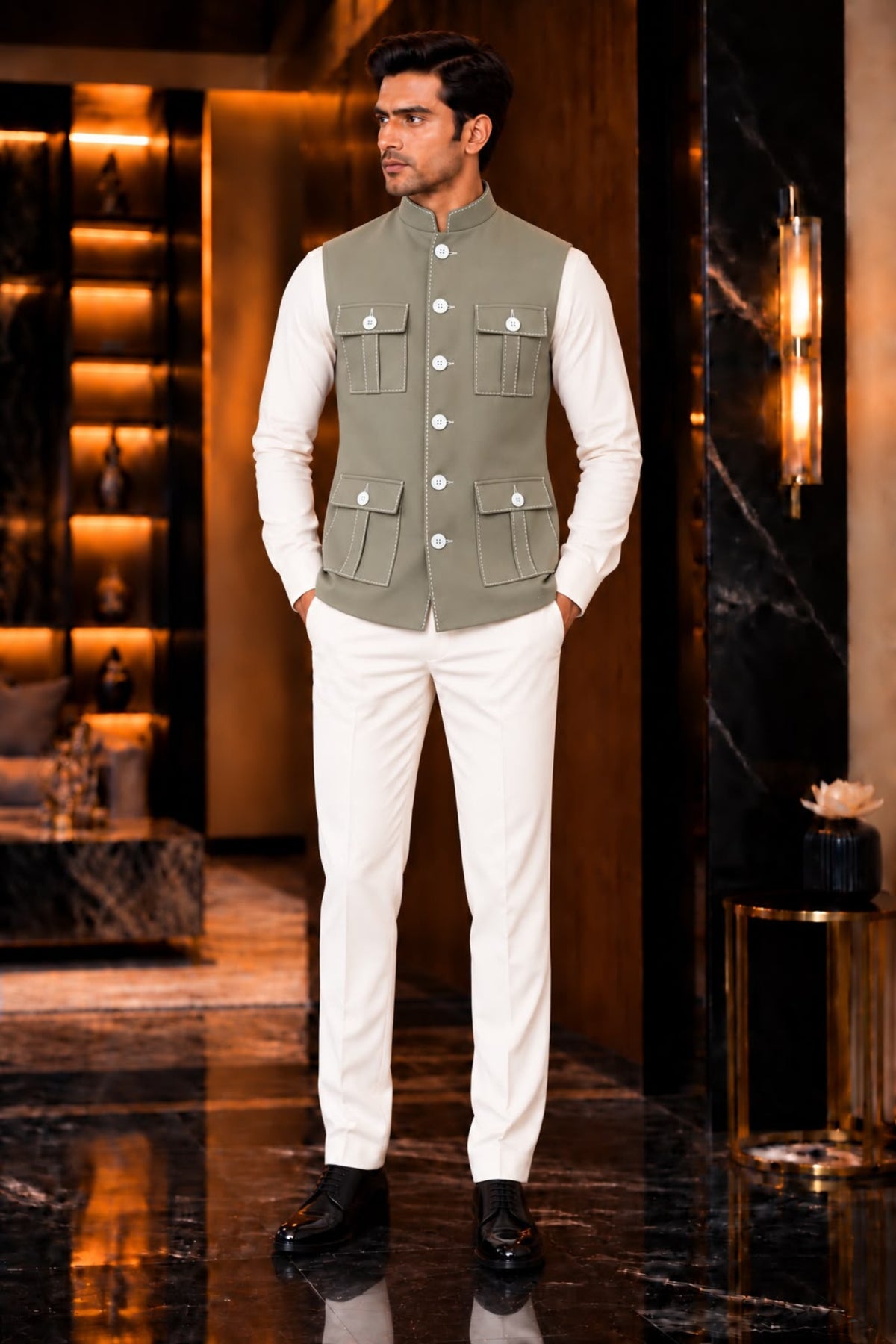 Sophisticated Olive Green Lachka Silk Designer Nehru Jacket for Men with Chawal-Taka Work