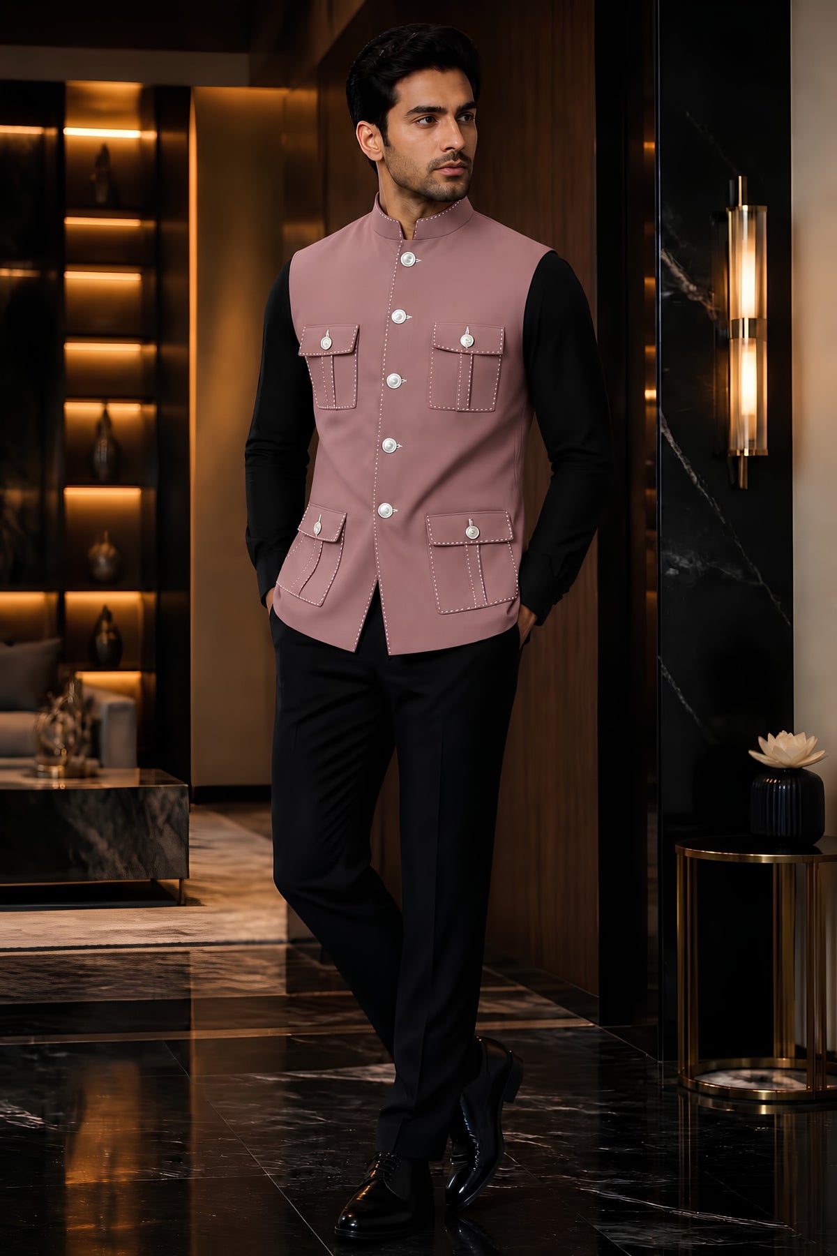 Elegant Mauve Pink Lachka Silk Designer Nehru Jacket for Men with Chawal-Taka Work