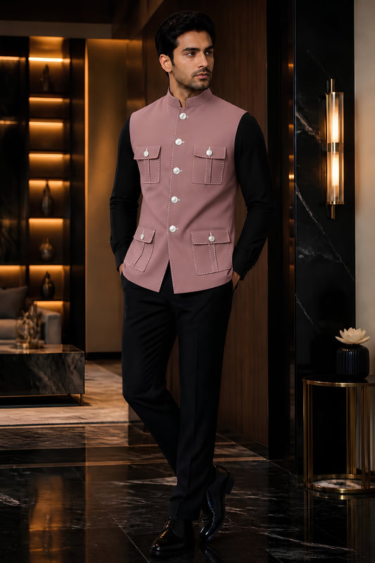 Elegant Mauve Pink Lachka Silk Designer Nehru Jacket for Men with Chawal-Taka Work