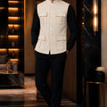Premium Cream Lachka Silk Designer Nehru Jacket for Men with Chawal-Taka Work
