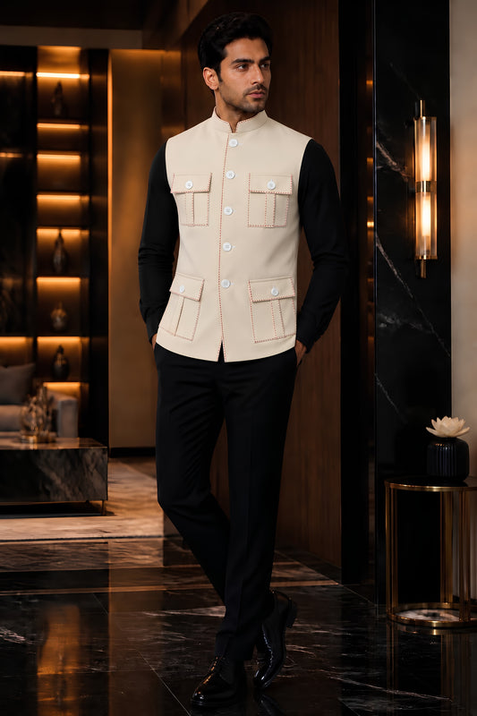 Premium Cream Lachka Silk Designer Nehru Jacket for Men with Chawal-Taka Work