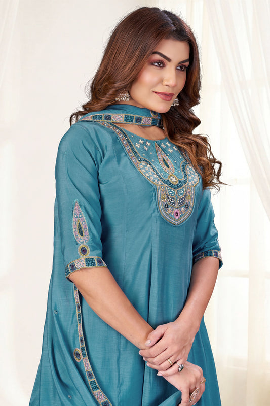 Exquisite Aqua Blue Chanderi Designer Palazzo Suit with Embroidery and Thread Work