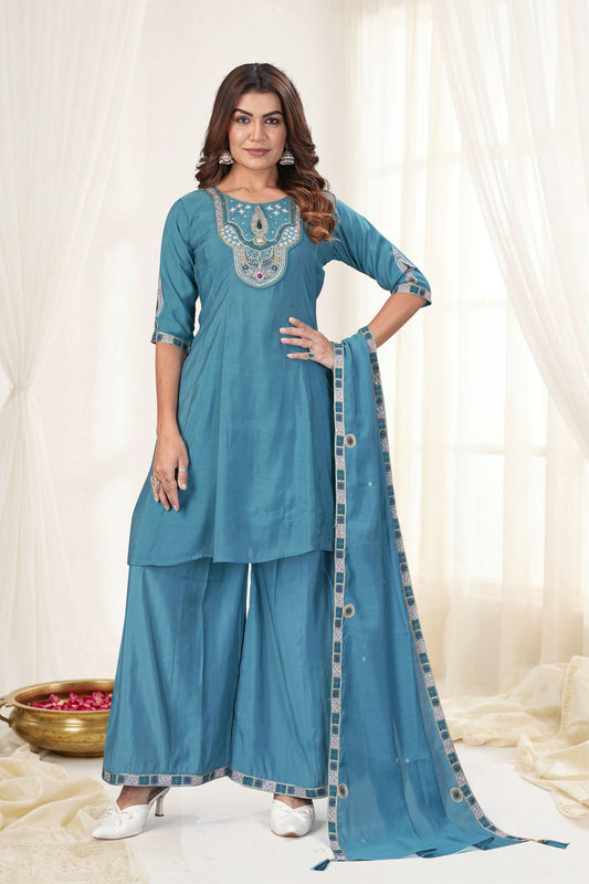 Exquisite Aqua Blue Chanderi Designer Palazzo Suit with Embroidery and Thread Work