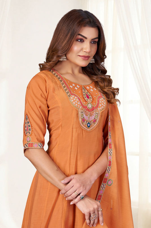 Vibrant Rust Orange Chanderi Designer Palazzo Suit with Embroidery and Thread Work