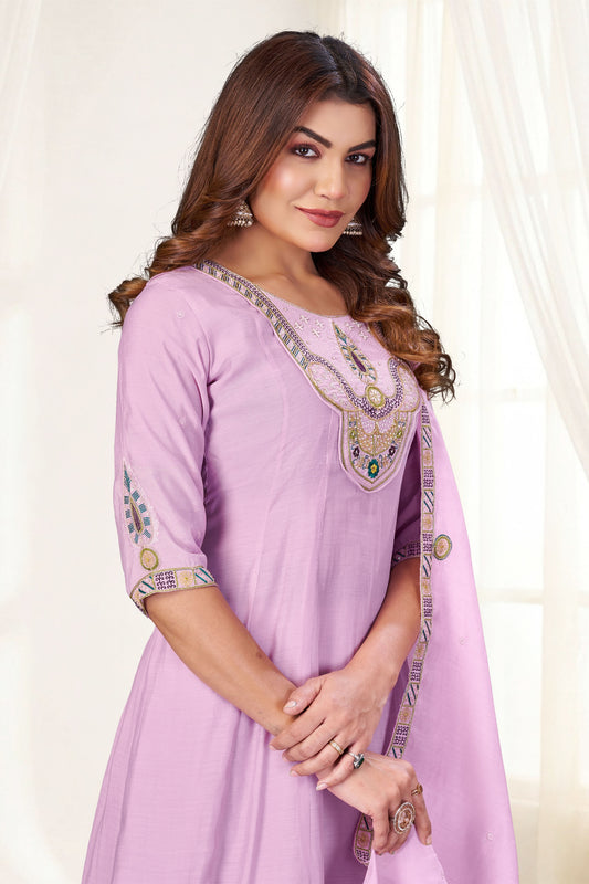 Charming Lavender Chanderi Designer Palazzo Suit with Embroidery and Thread Work