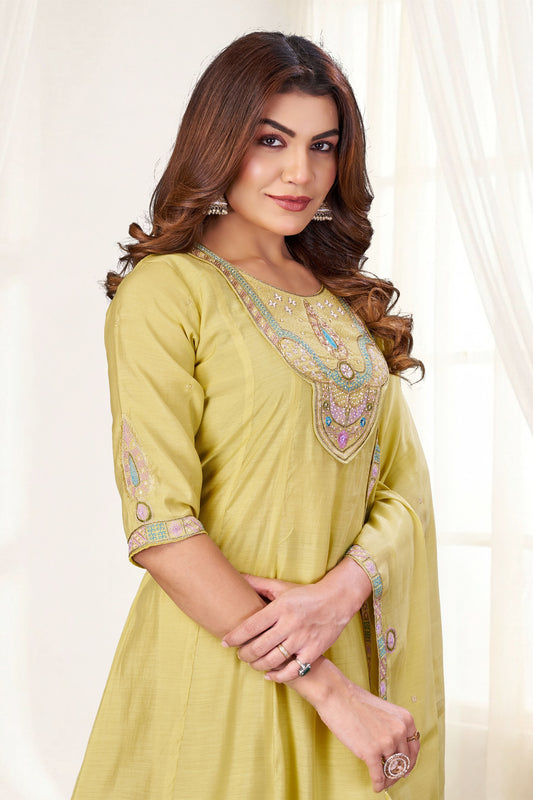 Radiant Yellow Chanderi Designer Palazzo Suit with Embroidery and Thread Work