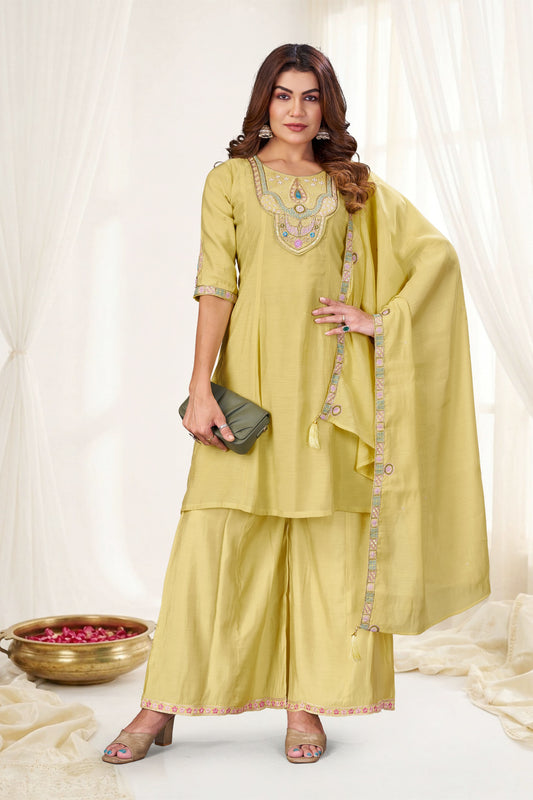 Radiant Yellow Chanderi Designer Palazzo Suit with Embroidery and Thread Work