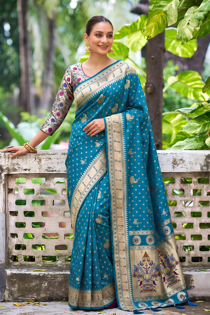 Captivating Teal Blue Silk Woven Designer Saree for Women