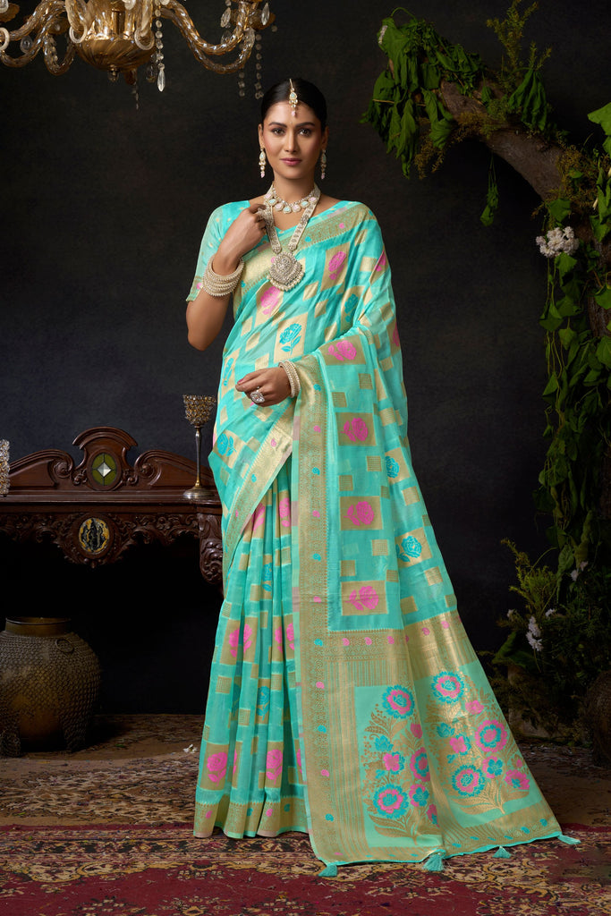 Vibrant Aqua Blue Organza Khadi Woven Designer Saree for Women