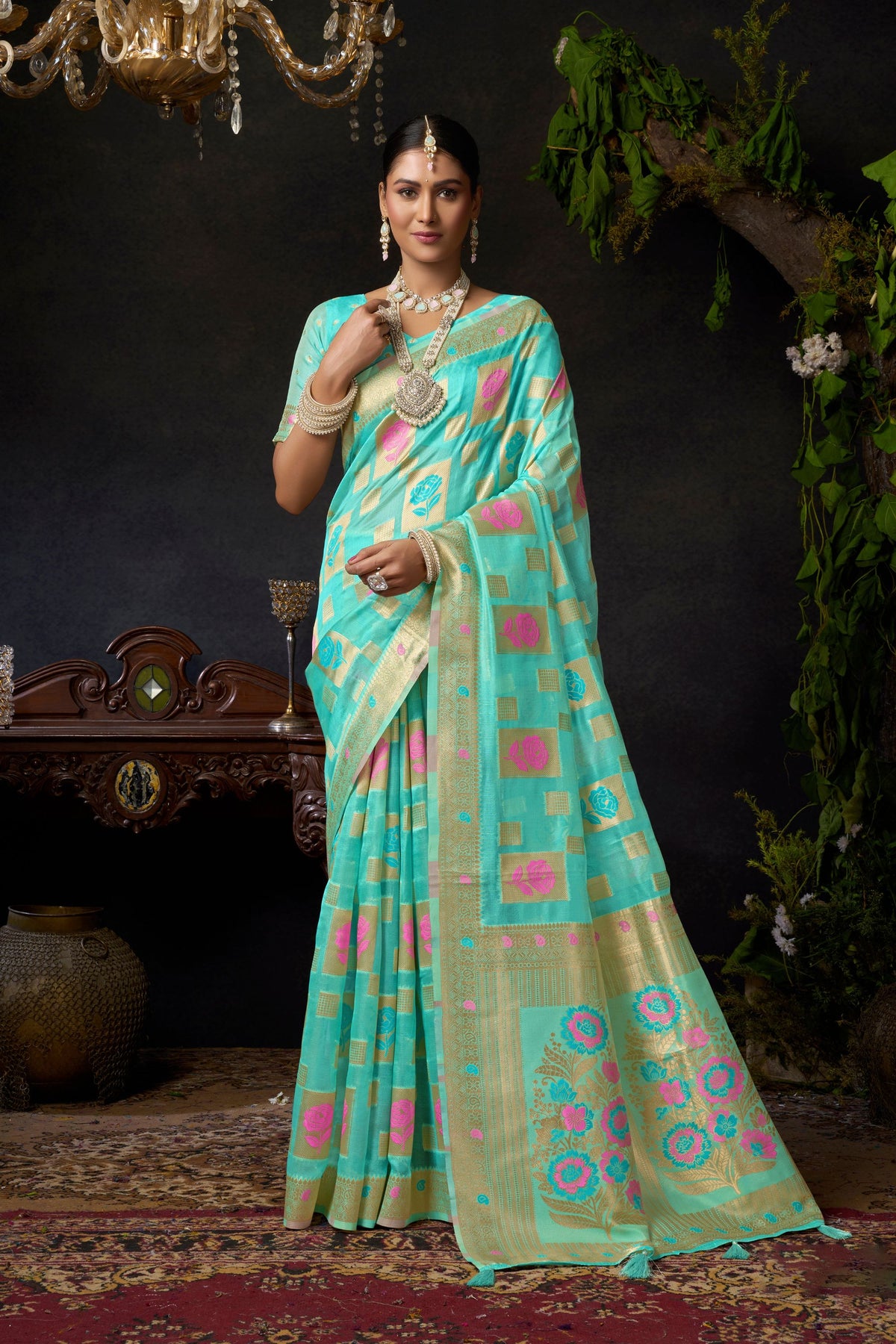 Vibrant Aqua Blue Organza Khadi Woven Designer Saree for Women