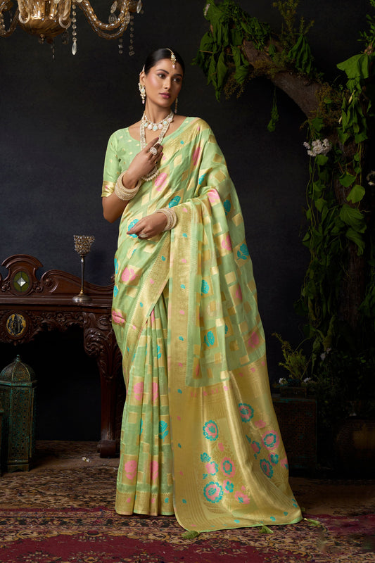 Radiant Pista Green Organza Khadi Woven Designer Saree for Women