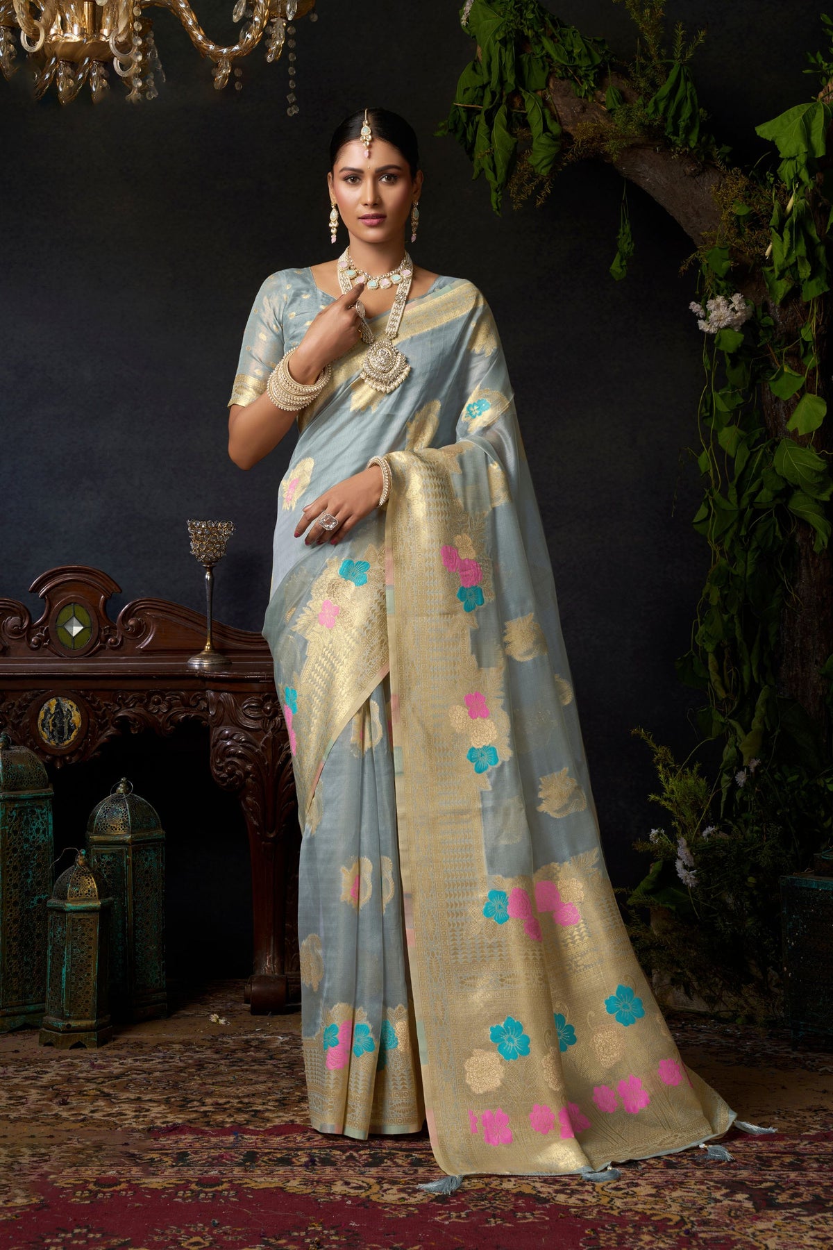 Sophisticated Grey Organza Khadi Woven Designer Saree for Women