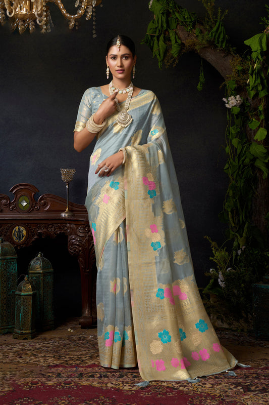 Sophisticated Grey Organza Khadi Woven Designer Saree for Women