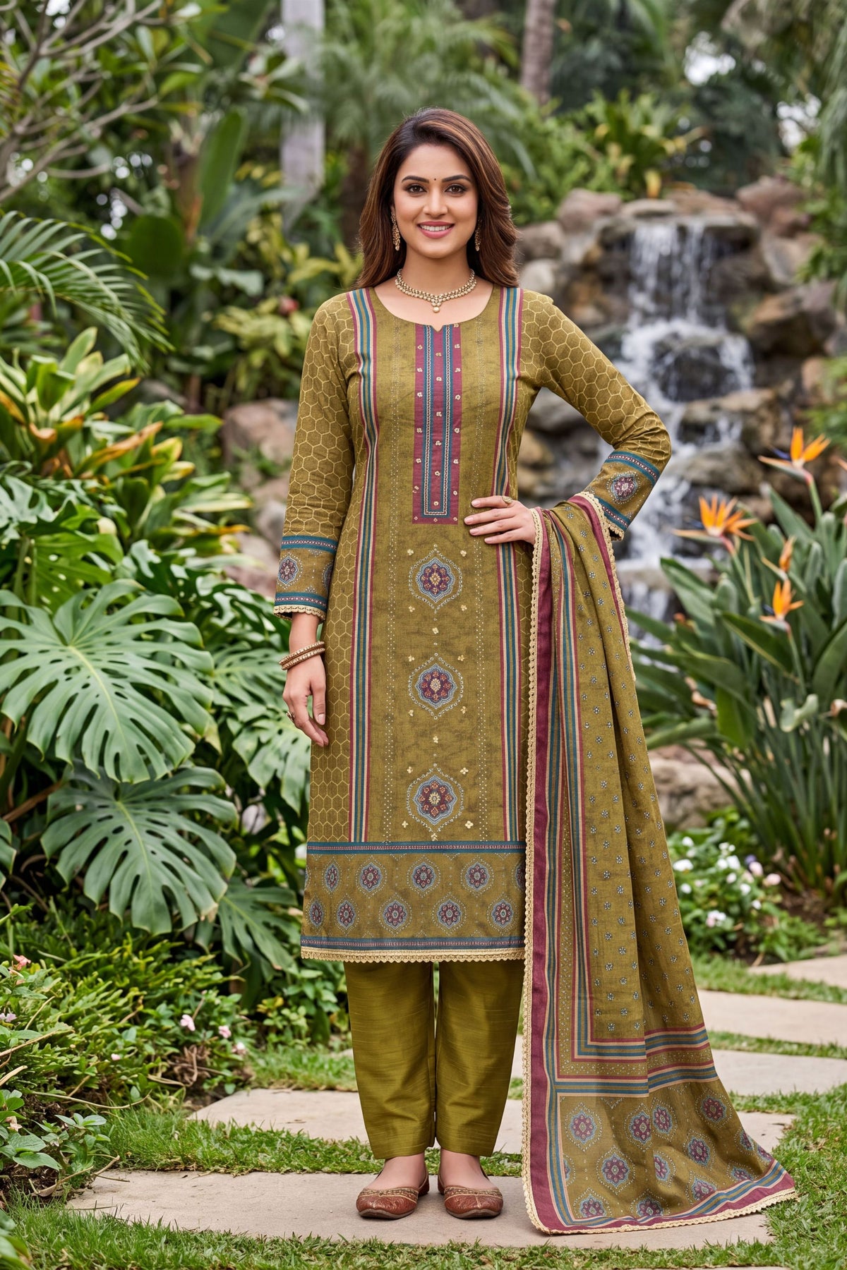 Sophisticated Olive Green Cotton Silk Salwar Suit with Printed Design and Hand Work for Women